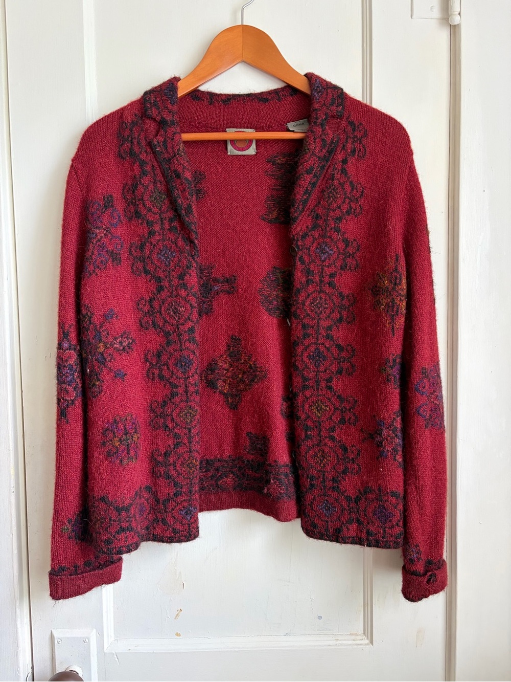 100% Alpaca Hand Loomed Open-Front Red Patterned Knit Cardigan